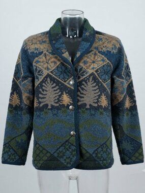 Ivy Blue Green Evergreen Mountain Pattern Cardigan Small grandpa cottagecore
